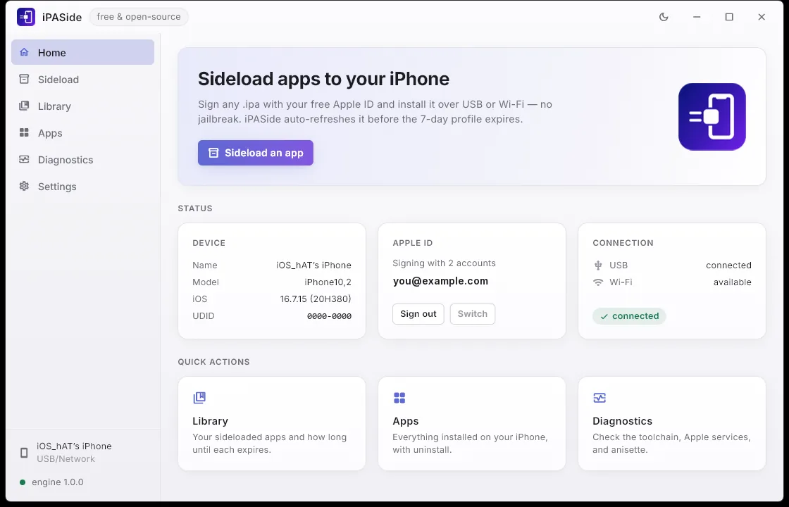iPASide in its light theme, following the Windows system setting