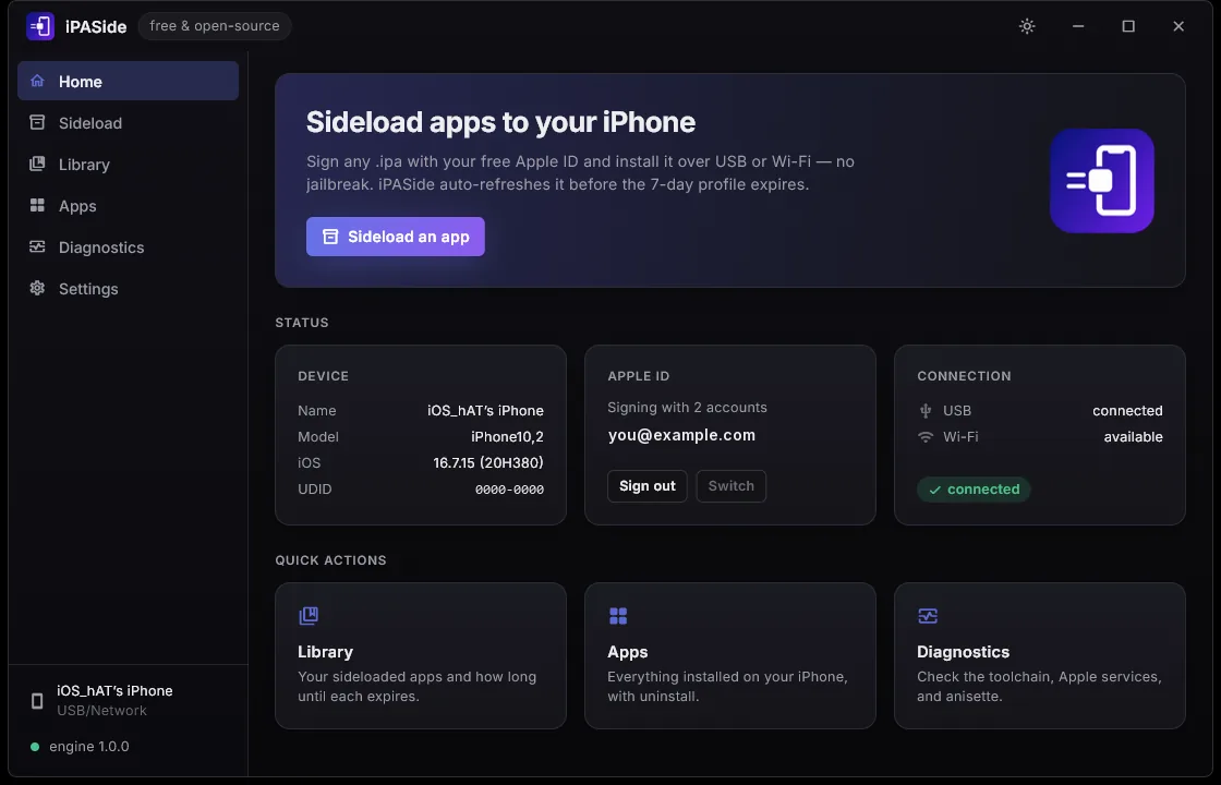 iPASide's Home screen: the connected iPhone's name, model and iOS version, the signed-in Apple ID, and which transports the phone is reachable over