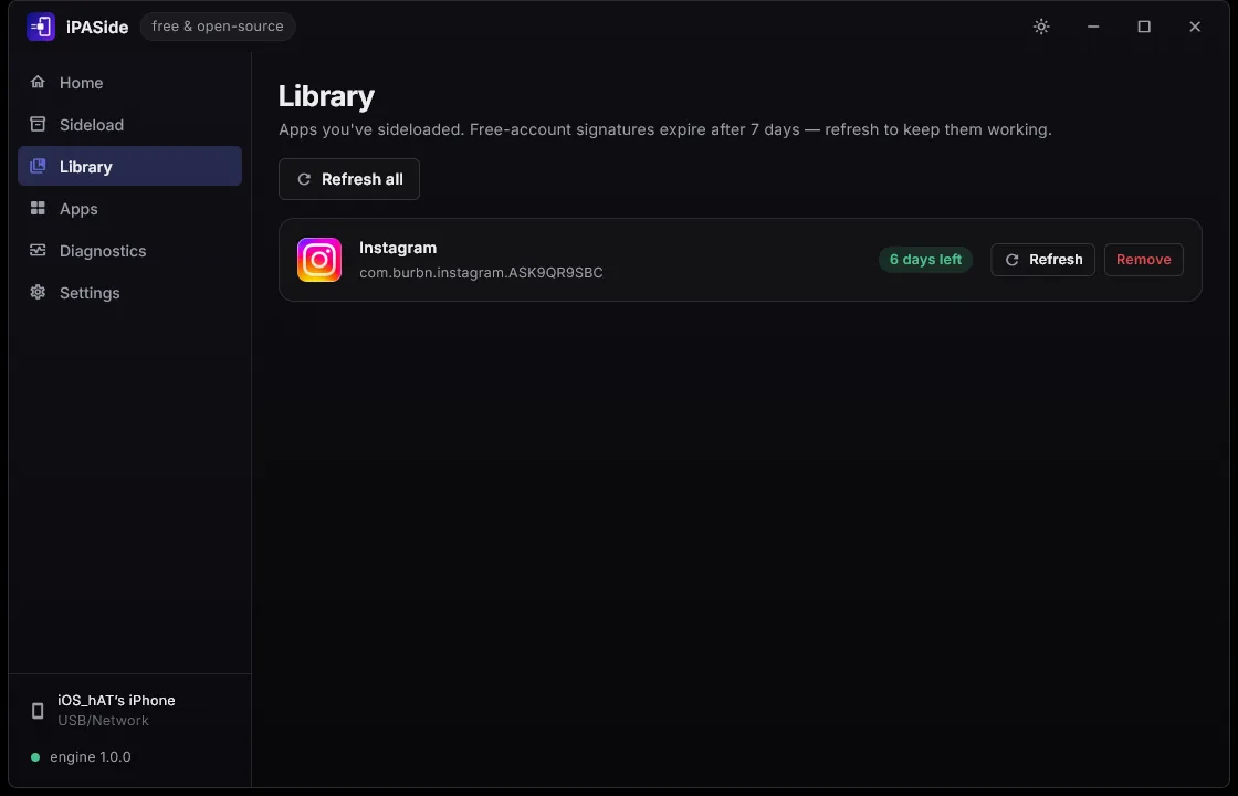 The Library: every sideloaded app with a countdown to its signature expiry and a button to re-sign it