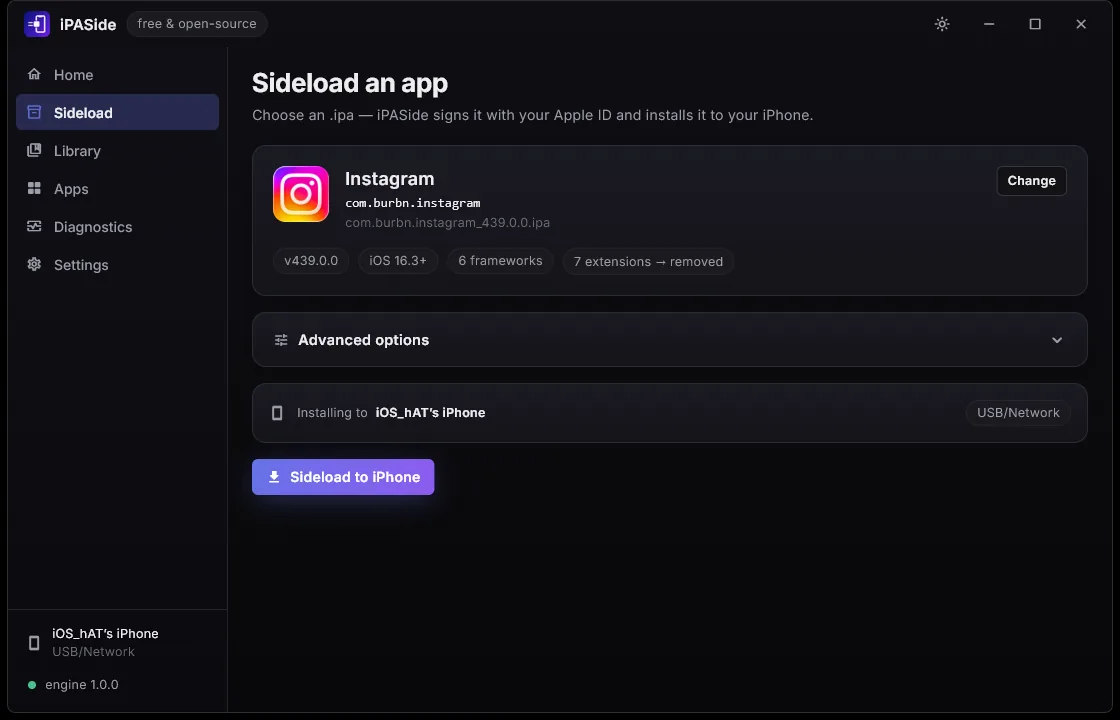The Sideload screen: the selected app with its icon and details, advanced options, and the live Provision, Sign, Install progress